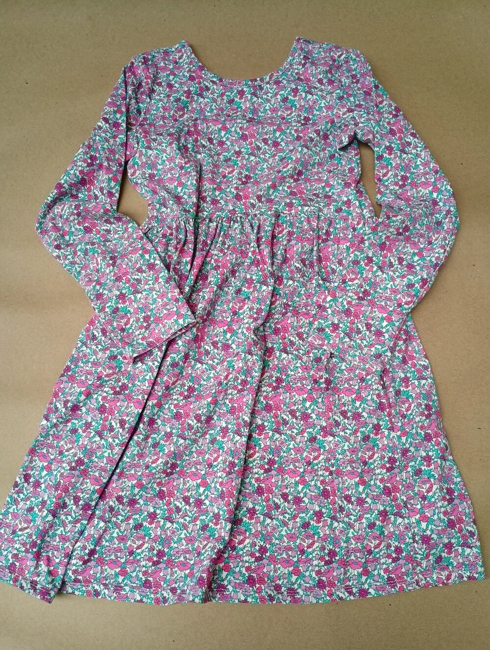 Lands' End Floral Long-Sleeve Dress Girls Large 10/12 100% Cotton
